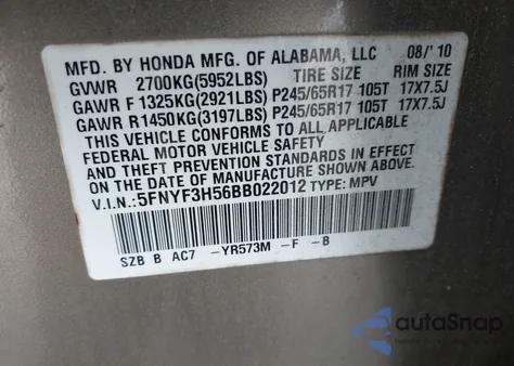 2011 Honda Pilot Exl z USA, uszkodzony, nr VIN 5FNYF3H56BB022012